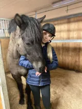 Minna Wikstedt med hästen Zorro i hans box