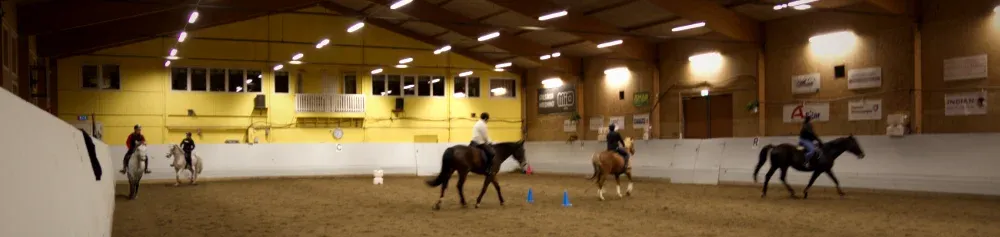 Flera ryttare och hästar i ridhuset