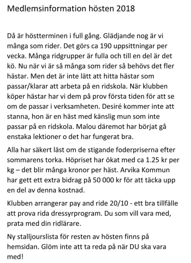 Inskannat brev: Medlemsinformation hösten 2018
